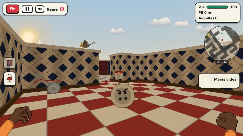 Capture du jeu Couture Strike : un bouton à l'air fâché avance sur un carrelage rouge et blanc, entre des murs tapissés, sous le soleil, avec une calopsitte perchée sur un mur.